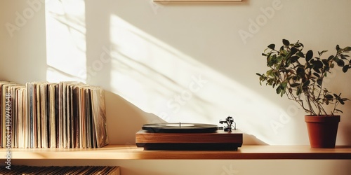 A collection of classic records surrounds a retro turntable.