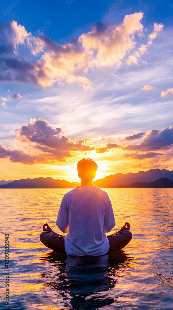 Man meditating in lotus pose at sunset by the sea. Man meditating in lotus pose at sunset by the sea.