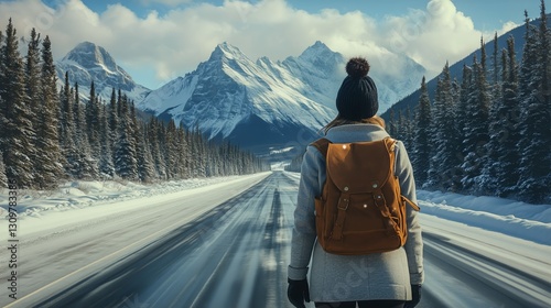 Traveler Explores Snowy Road in Mountains During Winter Afternoon
