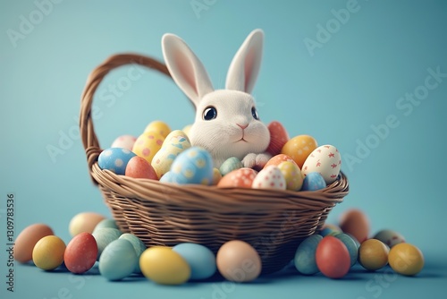 Adorable white Easter bunny nestled in a wicker basket filled with colorful patterned Easter eggs, some scattered around on a light blue background. Festive holiday celebration scene. photo