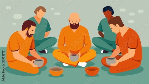 In a prison art therapy program a group of inmates sit together molding clay as a means of expressing emotions and releasing pentup frustration. Vector illustration
