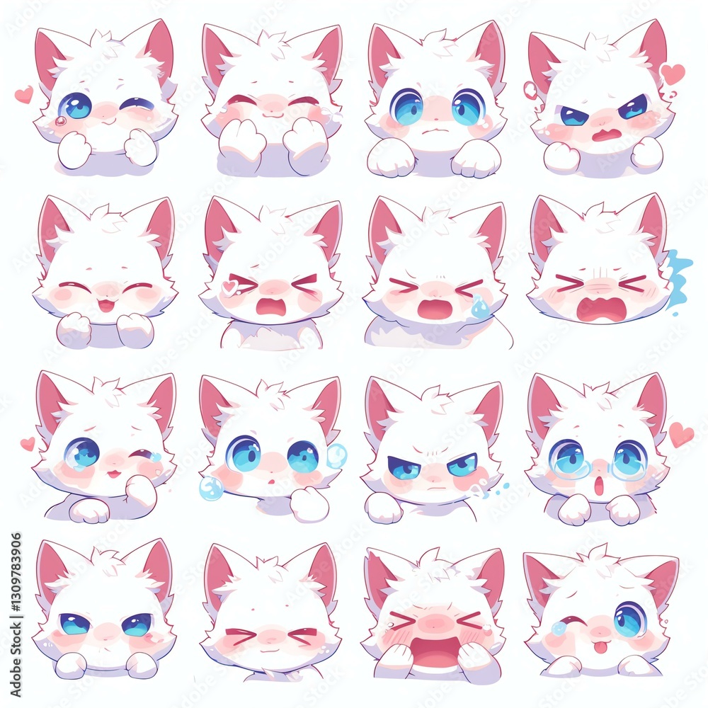 Obraz premium Anime Cat with 12 Different Expressions