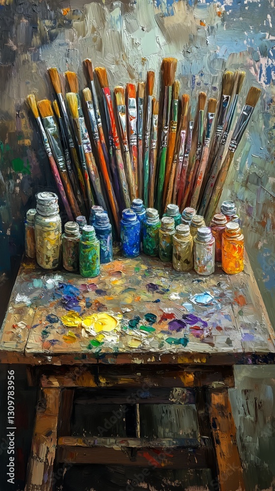 Brightly Colored Paint Supplies Arranged Neatly on a Rustic Wooden Table in an Artists Studio Brightly Colored Paint Supplies Arranged Neatly on a Rustic Wooden Table in an Artists Studio