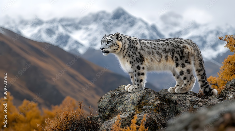 Fototapeta premium Snow Leopard on Mountain Rock, Autumn Colors