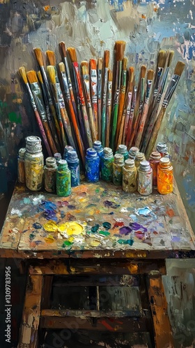 Brightly Colored Paint Supplies Arranged Neatly on a Rustic Wooden Table in a...