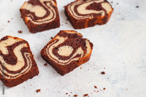 Homemade traditional marble pound cake.