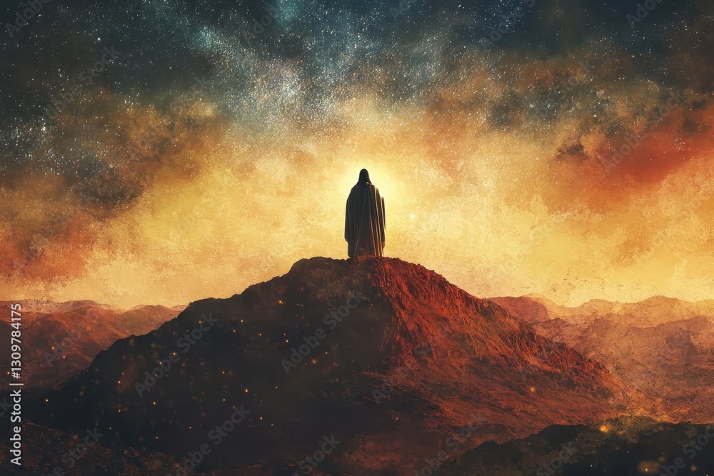 jesus atop a crimson mesa at dusk robes aglow in soft gold starry expanse above vast desert below divine peace and power an epic banner of transcendence jesus atop a crimson mesa at dusk robes aglow in soft gold starry expanse above vast desert below divine peace and power an epic banner of transcendence
