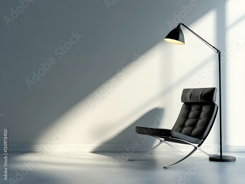 Barcelona Chair & Lamp in Dramatic Side Light - Modern Interior Design Concept of Sophisticated Luxury & Minimalist Serenity