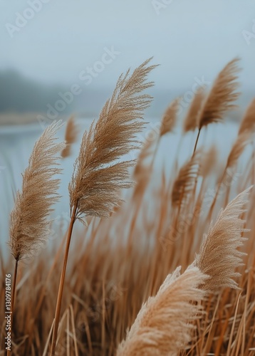 Soft Pampas Grass Swaying Gently by the Serene Lakeside During a Foggy Morning