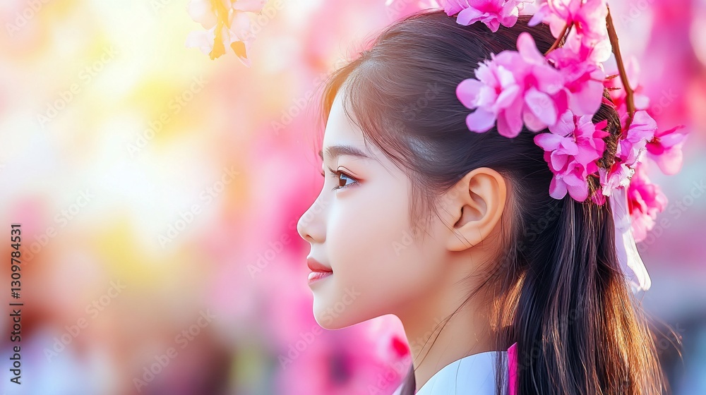 Fototapeta premium Beautiful Woman Pink Cherry Blossoms Spring Portrait Soft Light Asian Culture