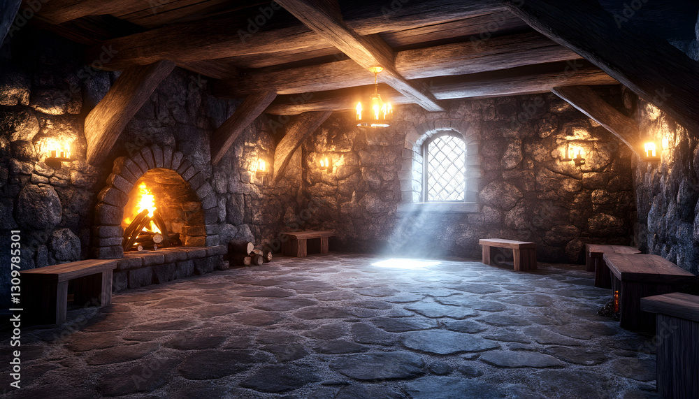 Fototapeta premium Medieval stone room with fireplace and window.