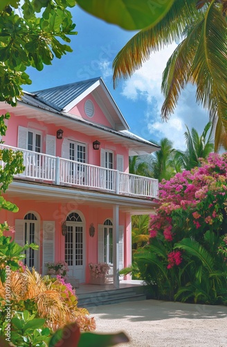 Beautiful Pink House Surrounded by Tropical Plants in a Sunny Tropical Setting