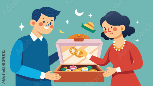 A middleaged couple happily sorting through a box of tarnished brooches and statement rings reminiscing about the bygone eras each piece represents.. Vector illustration