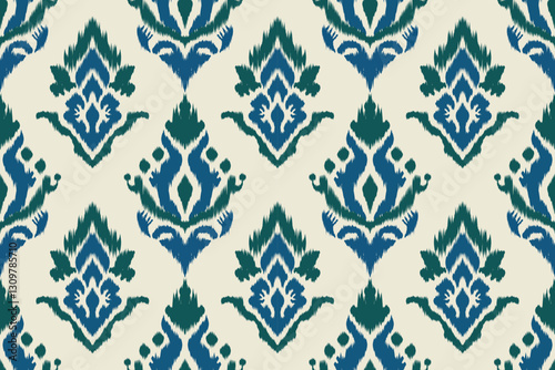 Seamless ethnic ikat pattern with influences of tribal and folk embroidery combined with Mexican Aztec geometric shapes. Perfect for graphic design, rugs, wallpaper, gift wrapping and clothing.