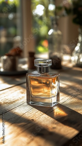 Elegant Glass Perfume Bottle Reflects Sunlight in Cozy Interior Setting Durin...