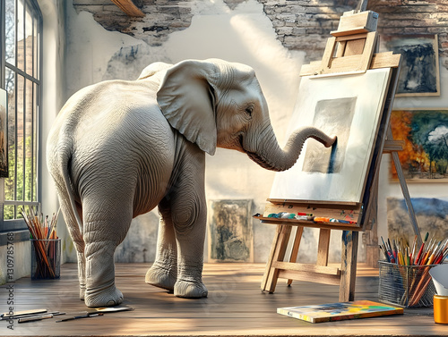 Indian Elephant Artist Painting Canvas - Concept of Animal Creativity, Intelligence, Skill, Humor & Surreal Talent in Bright Art Studio