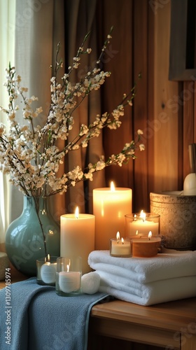 Relaxing Spa Setting With Candles and Flowers in a Serene Environment