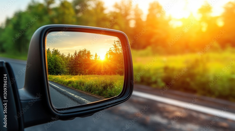 Road and lush green trees reflected in a rear view mirror capturing the essence of a scenic drive experience Road and lush green trees reflected in a rear view mirror capturing the essence of a scenic drive experience