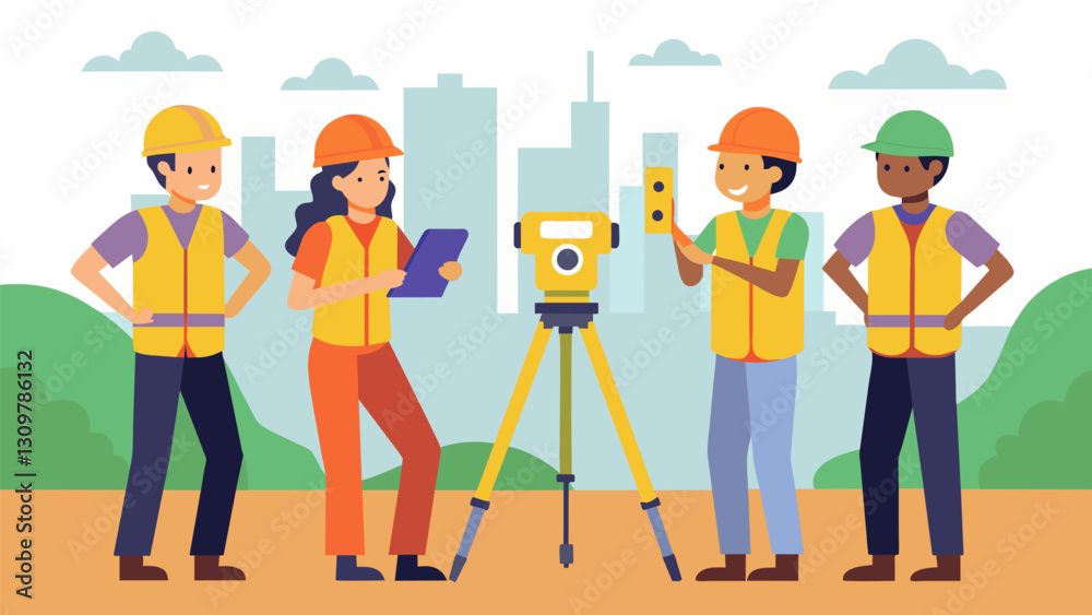 Trainees learning how to use surveying tools to ensure accurate measurements and placement of structures on a construction site.. Vector illustration Trainees learning how to use surveying tools to ensure accurate measurements and placement of structures on a construction site.. Vector illustration