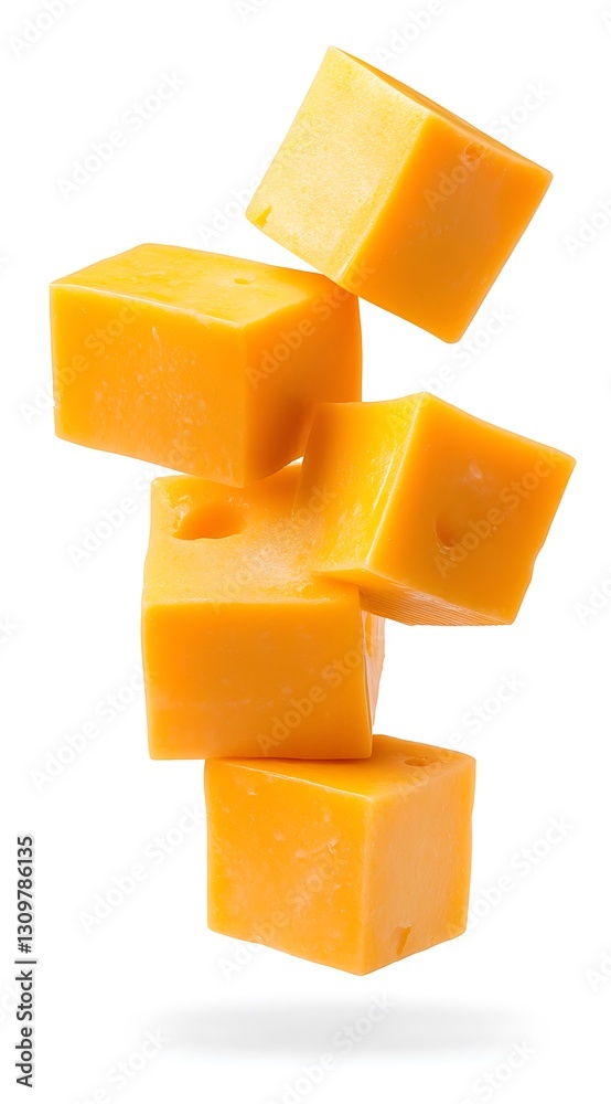 Stacked cheese cubes on white background, floating. Food photography/advertising concept Stacked cheese cubes on white background, floating. Food photography/advertising concept