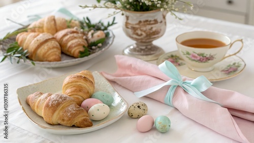 A beautifully arranged Easter breakfast with golden croissants, tea, and pastel-colored eggs on a rustic table with soft lighting.