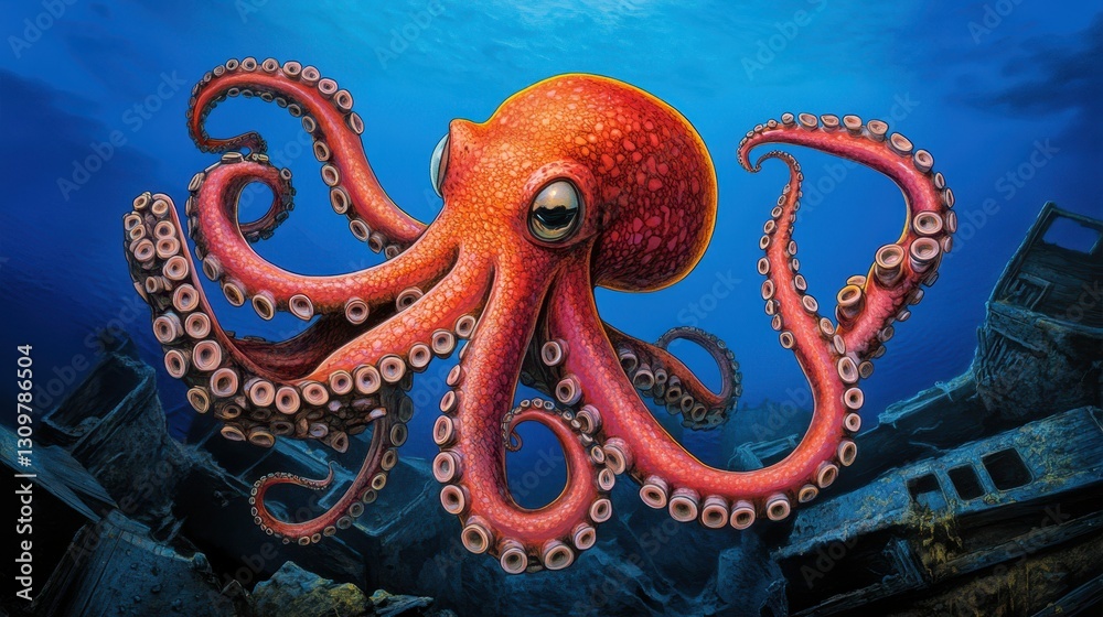 Obraz premium Colorful Octopus Swimming Among a Shipwreck in Deep Blue Ocean Depths