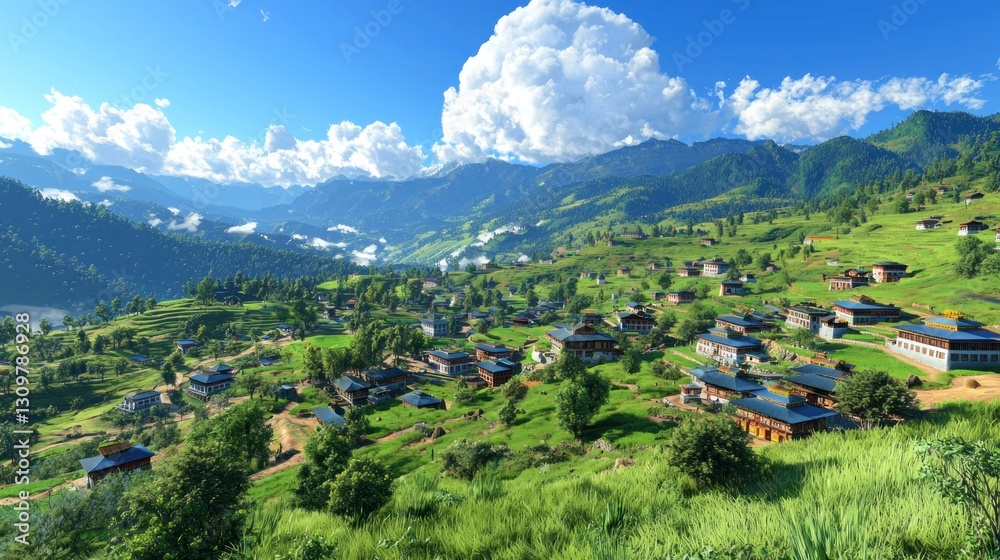 Obraz premium Mountain village nestled in valley, sunlit landscape, serene rural scene