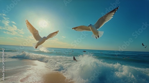 Seagulls Flying Over Waves at Sunset on a Serene Beach