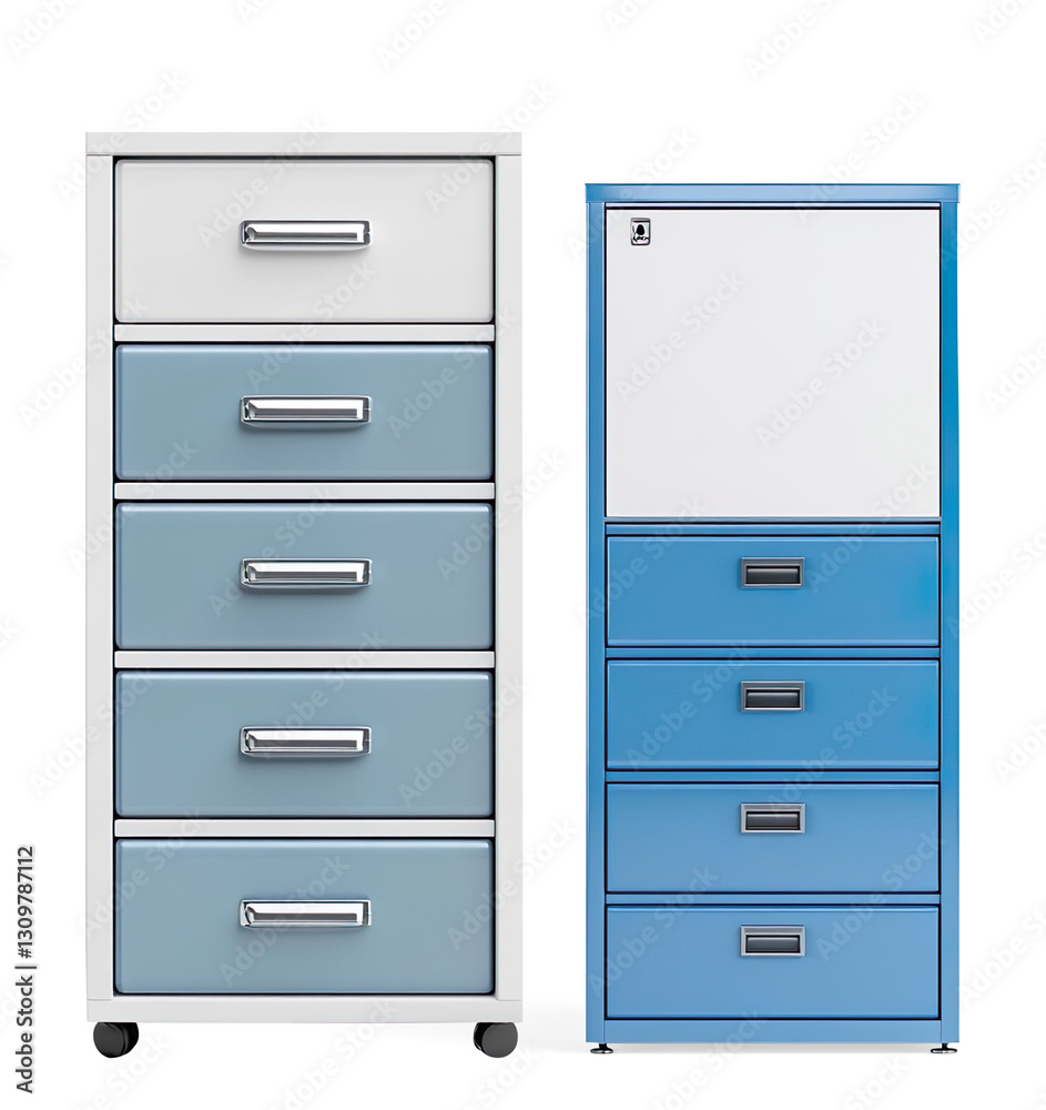 Blue Metal Filing Cabinet with Five Drawers on a Transparent Background Blue Metal Filing Cabinet with Five Drawers on a Transparent Background