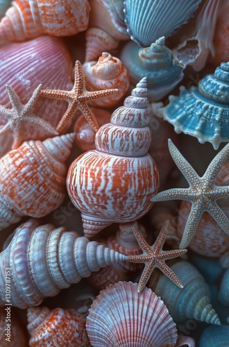 Colorful Assortment of Seashells on a Sandy Background in a Coastal Setting