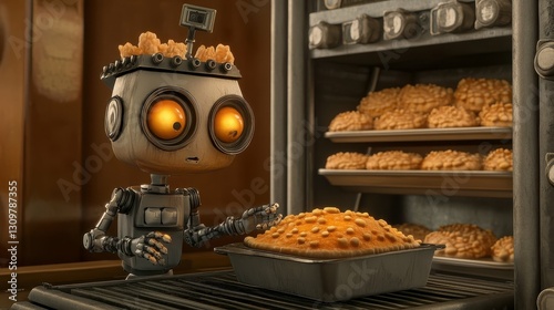 Robot Baker Carefully Inspects Golden-Brown Dessert in a Cozy Bakery Setting During Daytime