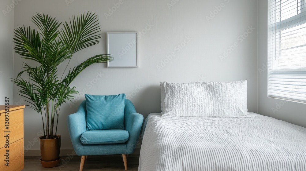 Fototapeta premium Cozy Bedroom with Modern Decor and Indoor Plant Accents