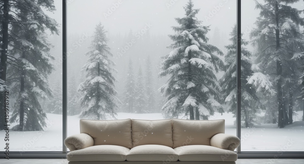 Fototapeta premium Cozy winter scene with a sofa and snowy view