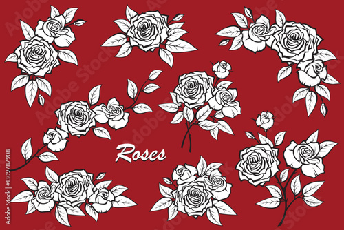 collection of roses bouquet isolated on red background