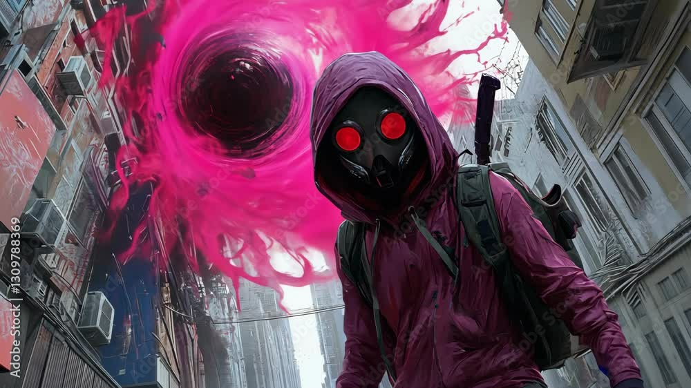 Mysterious figure stands in city street with vibrant swirling portal overhead during an unknown event