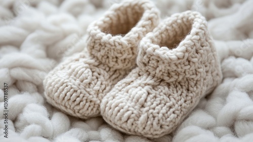 Knitted Baby Booties on Cozy Blanket