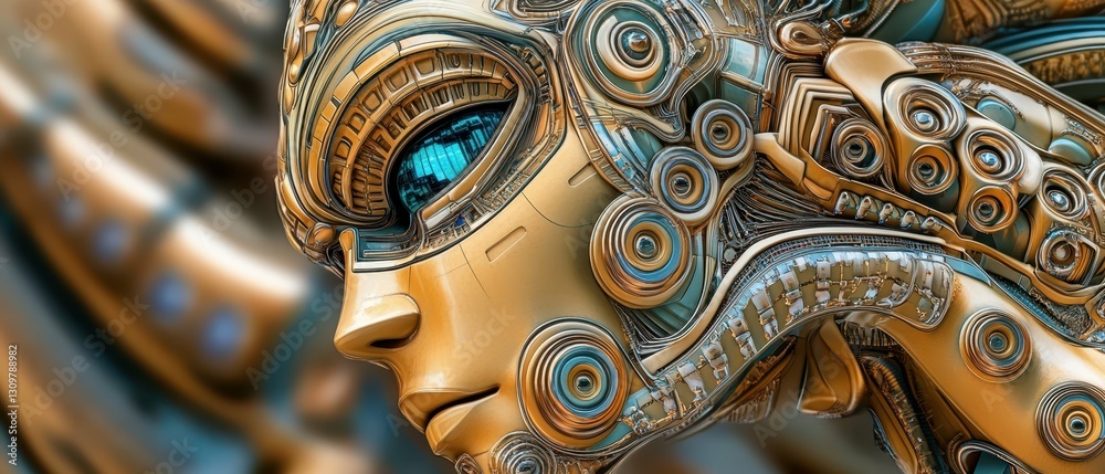 Fototapeta premium Detailed Close-Up of a Futuristic Humanoid Robot With Intricate Circuitry and Glowing Blue Eyes Crafted With Metallic Textures and Patterns