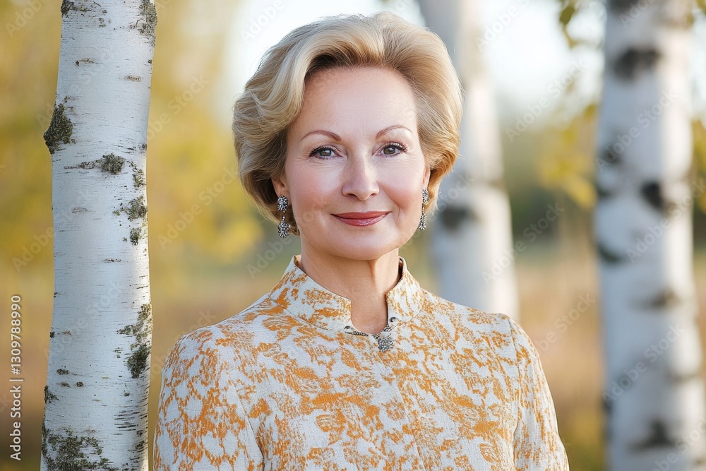Elegant Mature Woman in a Golden Outfit Among Birch Trees