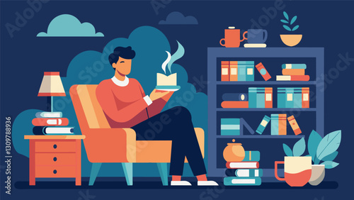 In a quiet library a person finds a comfortable armchair along with a selection of teas and a journal. The smell of books and the sound of pages. Vector illustration