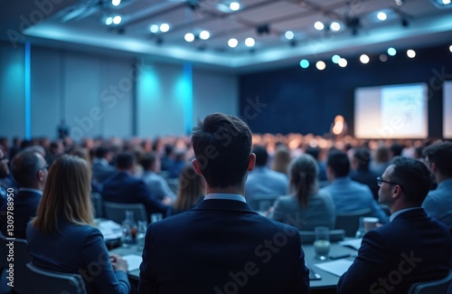 Corporate audience listens to presenter at conference event. Business people crowd at professional seminar. Speaker gives lecture in hall, discusses strategy, development, leadership, management,