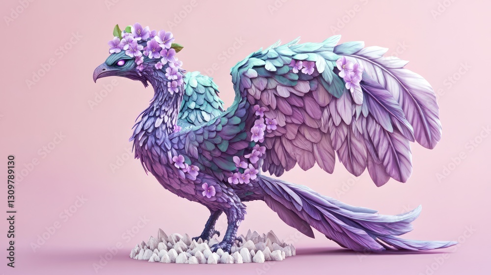 Obraz premium Floral phoenix, pastel pink background, eggs, fantasy art, website design
