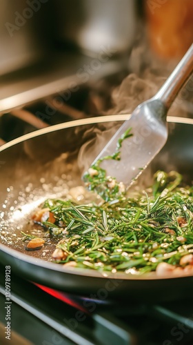 Cooking Fresh Herbs and Vegetables in Skillet on Stove, Capturing Flavorful P...