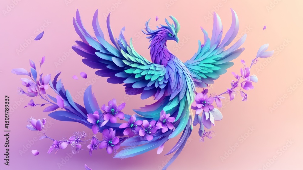 Obraz premium Purple phoenix rising, floral background, fantasy art, website design