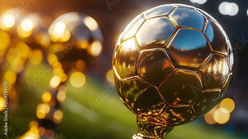 Winning soccer trophy balls at stadium