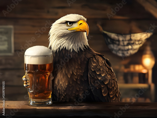 Funny Bald Eagle Drinking Beer Pint at Pub Bar - Humorous Concept of Americana, Freedom, Relaxed Lifestyle & Liberty
