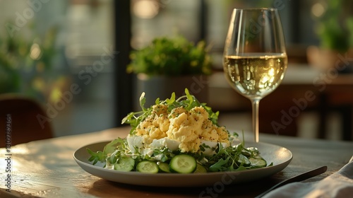 Fresh Salad With Soft Boiled Egg and White Wine in a Modern Cafe Setting Duri...
