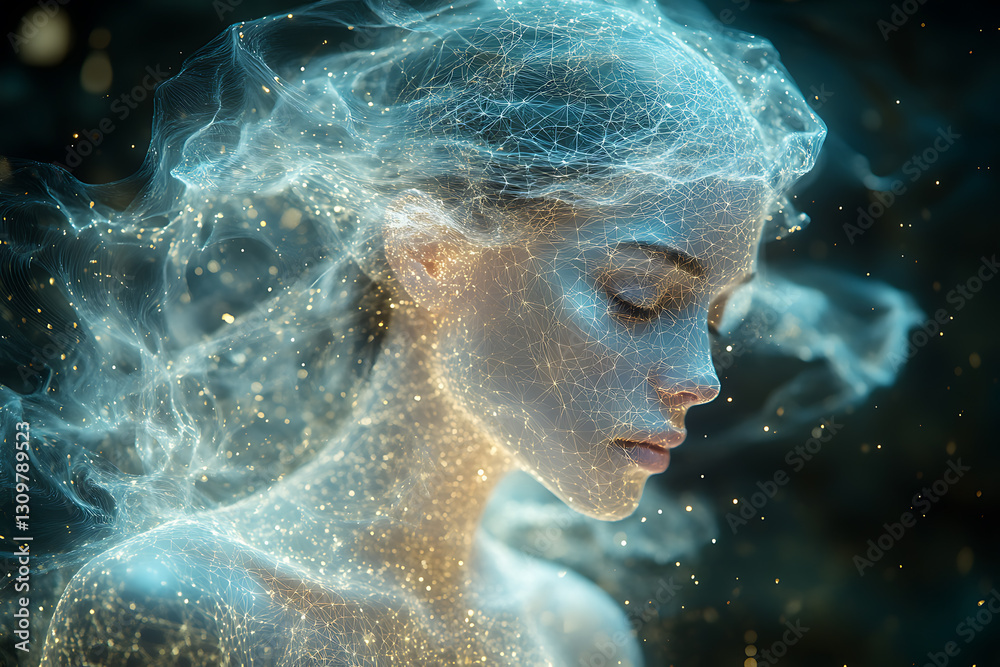 A futuristic digital representation of a radiant figure shrouded in white, composed of a glowing wireframe structure. A futuristic digital representation of a radiant figure shrouded in white, composed of a glowing wireframe structure.