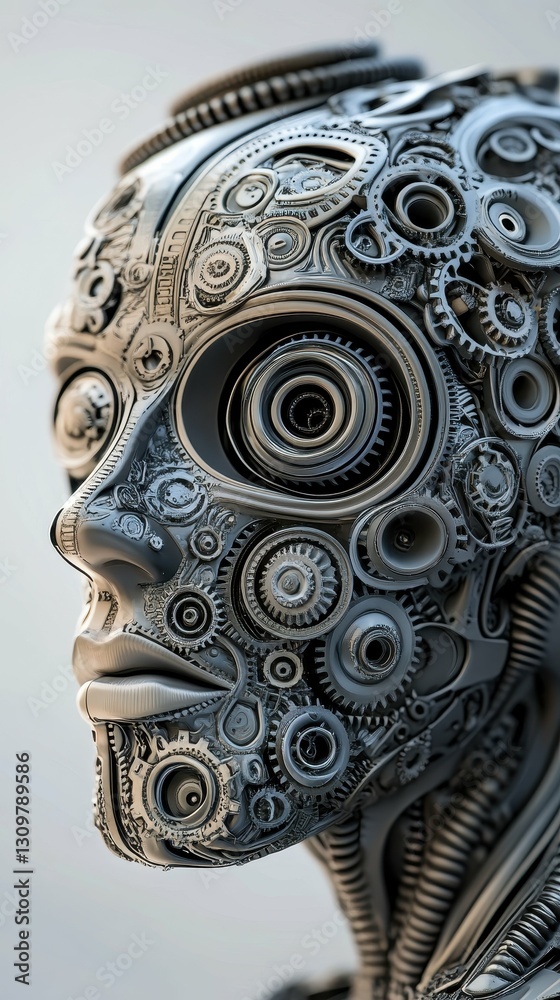 Intricate Design of a Robotic Face Showcasing Complex Gears and Mechanisms in a Futuristic Style Intricate Design of a Robotic Face Showcasing Complex Gears and Mechanisms in a Futuristic Style