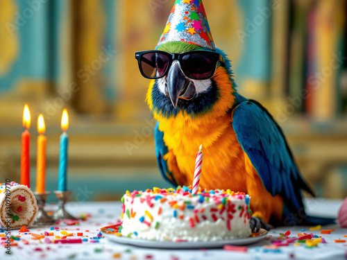 birthday cake with candles and parrot