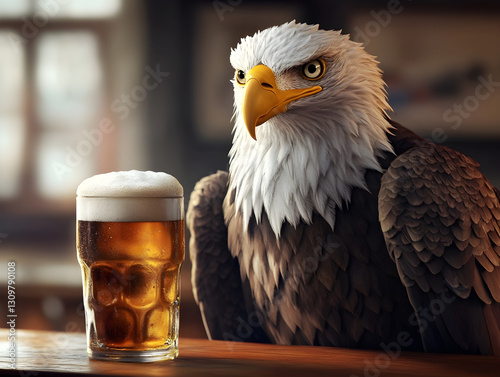  Intrigued Bald Eagle Gazes at Beer Pint - Unique Wildlife Humor Concept: Unusual Pairings, Animal Antics, Unexpected Drinks in Tavern Scene